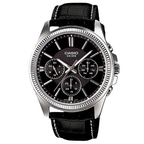 Casio MTP-1375L-1AVDF Day Date Silver Black Leather